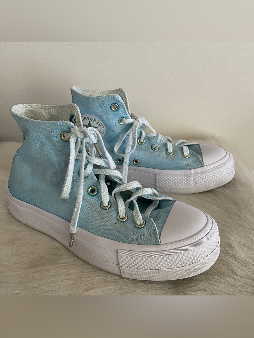 Converse High Top Sneakers - Light Blue and White platform bottoms